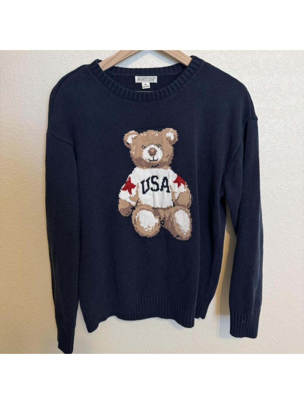 Navy Americana Patriotic Bear USA 4th of July Sweater, XL